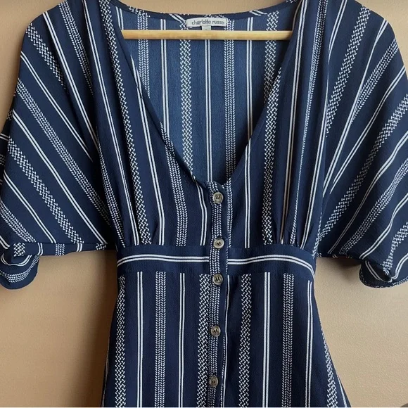 Charlotte Russe Blue & White Vertically Striped Button-Up Dress W/ Waist Tie. S. - Picture 2 of 14
